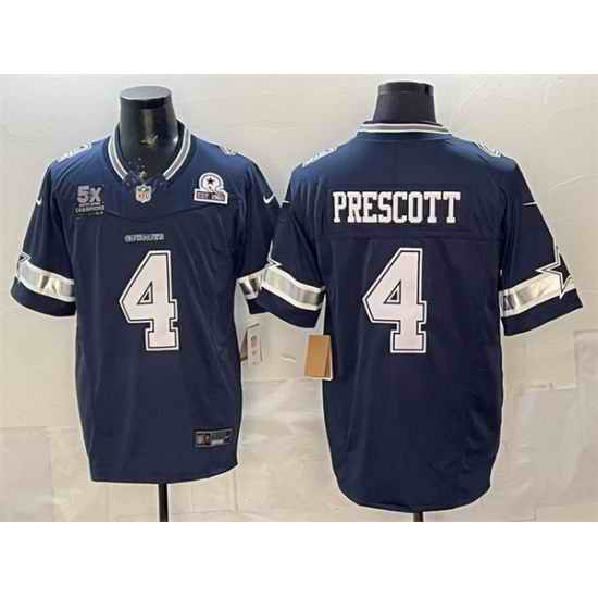 Men Dallas Cowboys 4 Dak Prescott Navy F U S E  With 5x Super Bowl Champions  26 Established In 1960 Patch Vapor Limited Stitched Football Jersey