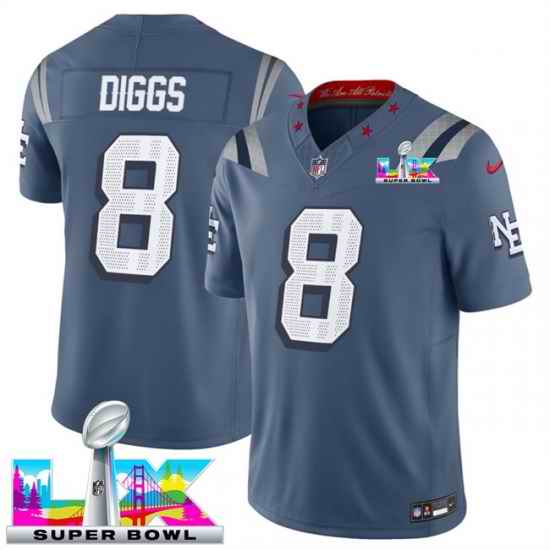 Men New England Patriots 8 Stefon Diggs Storm Blue 2025 F U S E  Super Bowl LX Patch  Rivalries Vapor Limited Stitched Football Jersey