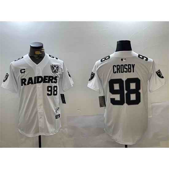 Men Las Vegas Raiders 98 Maxx Crosby White With Nevada Silver Stat Patch And 65th Anniversary Patch 3 Star C Patch Stitched Baseball Jersey