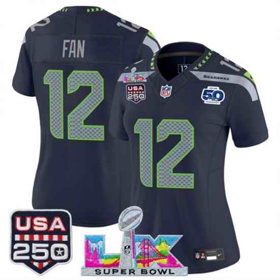 Women Seattle Seahawks 12 Fan Navy 2025 F U S E  Super Bowl LX Patch And 50th Season  26 USA 250 27 Patch Vapor Limited Football Stitched Jersey