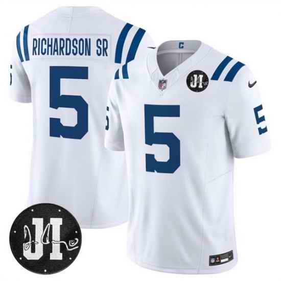 Men Indianapolis Colts 5 Anthony Richardson White 2025 F U S E  Jim Irsay Patch Vapor Limited Stitched Football Jersey