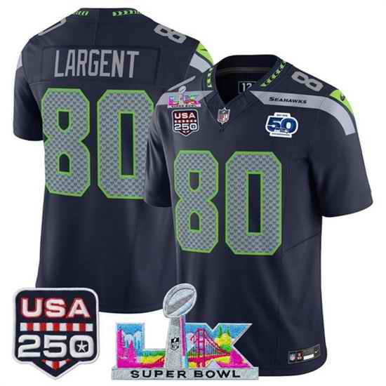 Youth Seattle Seahawks 80 Steve Largent Navy 2025 F U S E  Super Bowl LX Patch And 50th Season  USA 250 Patch Vapor Limited Stitched Football Jersey