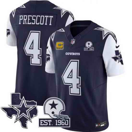 Men Dallas Cowboys 4 Dak Prescott Navy F U S E  With Established In 1960 Patch And 4 Star C Patch Throwback Texas Patch Stitched Football Jersey