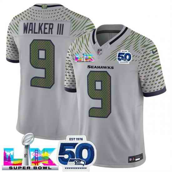 Men Seattle Seahawks 9 Kenneth Walker III Grey 2025 F U S E  Super Bowl LX Patch And 50th Season Patch  Rivalries Vapor Limited Stitched Football Jersey