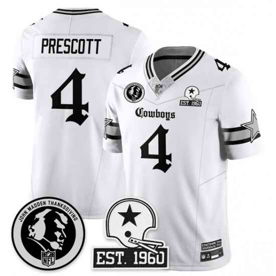 Men Dallas Cowboys 4 Dak Prescott White 2025 F U S E  With John Madden Patch  26 Established In 1960 Patch Vapor Limited Stitched Football Jersey