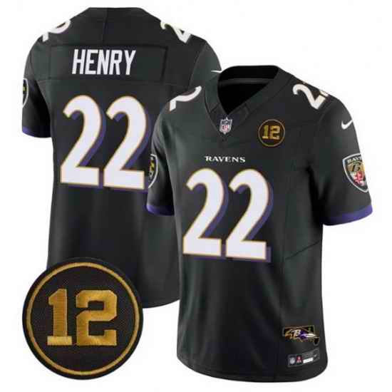 Men Baltimore Ravens 22 Derrick Henry Black 2025 F U S E  Jacoby Jones Patch Vapor Limited Football Jersey
