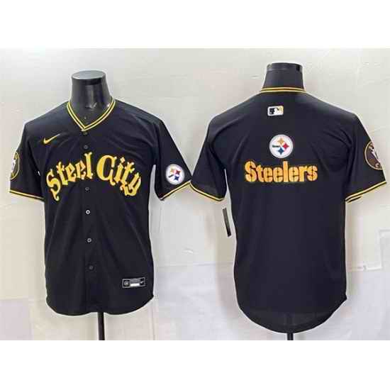 Men Pittsburgh Steelers Team Big Logo Black 412 Patch Vapor Premier Limited Stitched Baseball Jersey 1