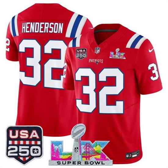 Youth New England Patriots 32 TreVeyon Henderson Red 2025 F U S E  Super Bowl LX  USA 250 Patch Vapor Limited Stitched Football Jersey