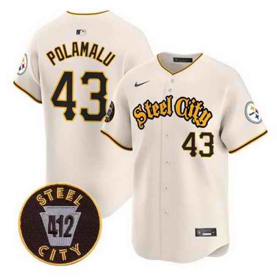 Men Pittsburgh Steelers 43 Troy Polamalu Cream 412 Patch Vapor Premier Limited Stitched Baseball Jersey