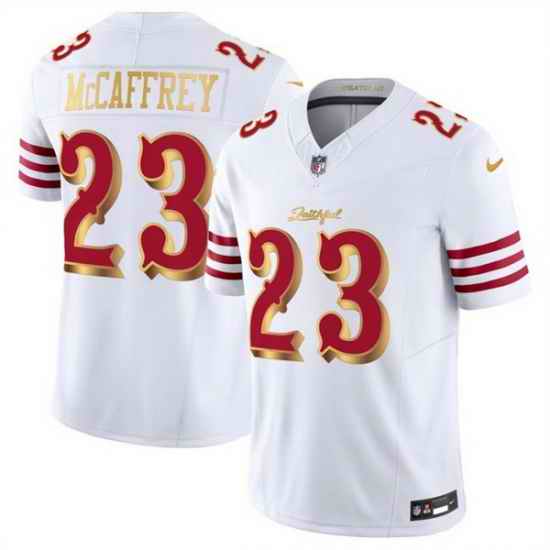 Men San Francisco 49ers 23 Christian McCaffrey White Gold 2025 F U S E Rivalries Vapor Limited Stitched Football Jersey