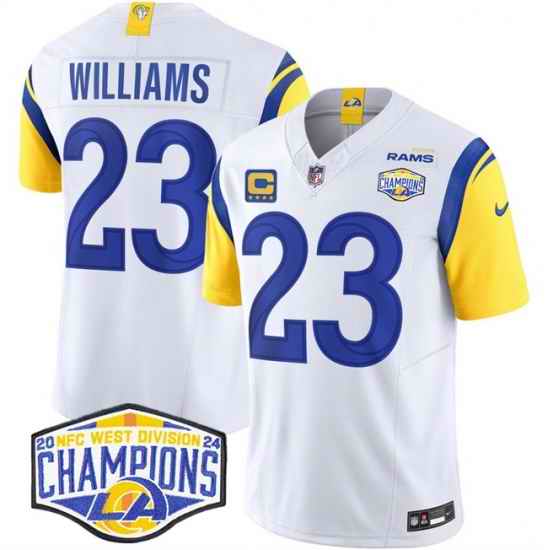 Men Los Angeles Rams 23 Kyren Williams White 2024 NFC West Champions With 4 Star C Patch F U S E  Vapor Untouchable Stitched Football Jersey