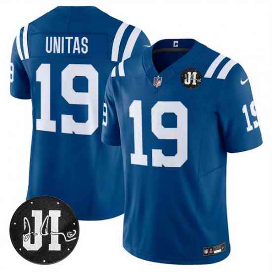 Men Indianapolis Colts 19 Johnny Unitas Blue 2025 F U S E  Jim Irsay Patch Vapor Limited Stitched Football Jersey