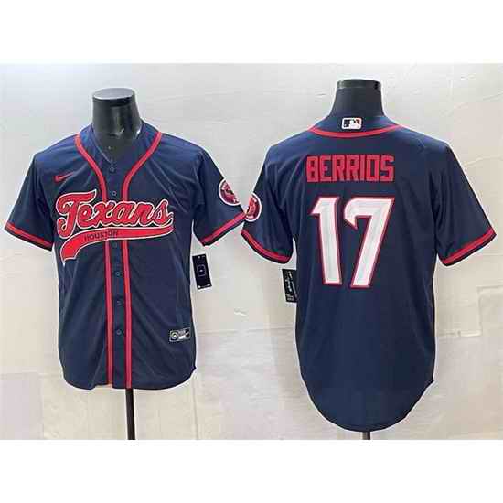 Men Houston Texans 17 Braxton Berrios Navy With Patch Cool Base Stitched Baseball Jersey 1
