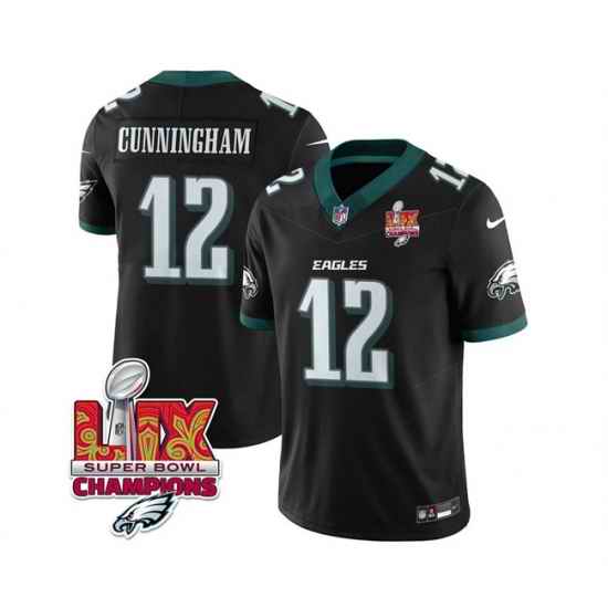 Men Philadelphia Eagles 12 Randall Cunningham Black 2025 Eagles Logo Super Bowl LIX Patch New F U S E  Vapor Limited Stitched Football Jersey