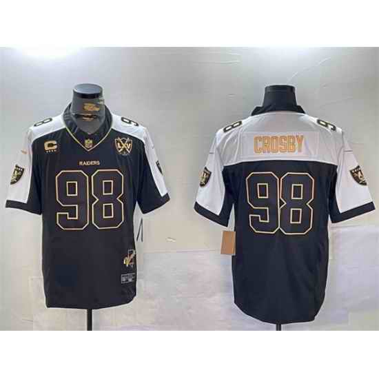 Men Las Vegas Raiders 98 Maxx Crosby Black Gold F U S E  With Nevada Silver Stat Patch And 65th Anniversary Patch 4 Star C Patch Limited Stitched Football