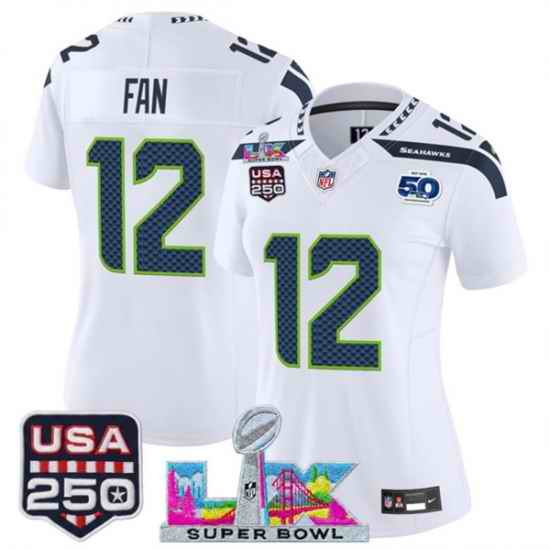 Women Seattle Seahawks 12 Fan White 2025 F U S E  Super Bowl LX Patch And 50th Season  26 USA 250 27 Patch Vapor Limited Football Stitched Jersey