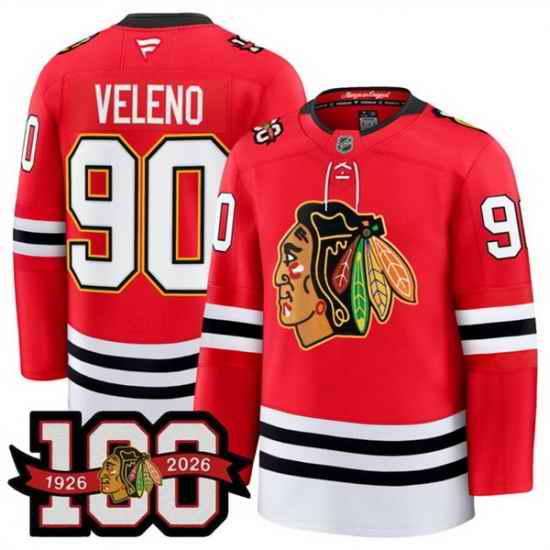 Men Chicago Blackhawks 90 Joe Veleno Red 2025 Home 100th Anniversary Stitched Hockey Jersey