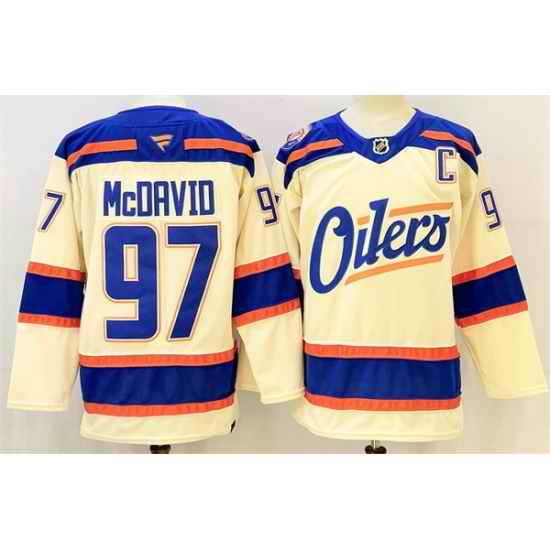 Men Edmonton Oilers 97 Connor McDavid Light Beige 2025 Alternate With C Patch Stitched Hockey Jersey