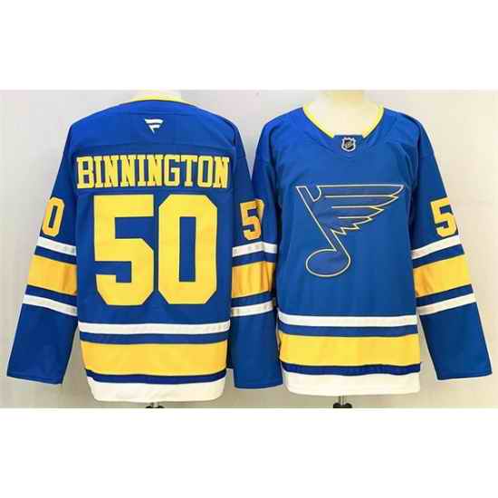 Men St  Louis Blues 50 Jordan Binnington Blue 2025 Stitched Hockey Jersey