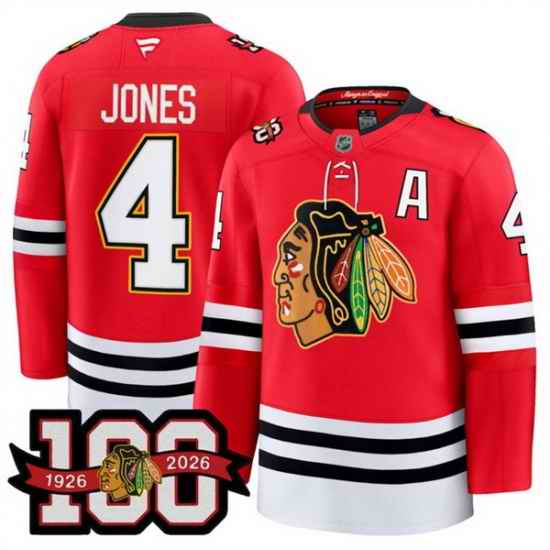 Men Chicago Blackhawks 4 Seth Jones Red 2025 Home 100th Anniversary With A Patch Stitched Hockey Jersey