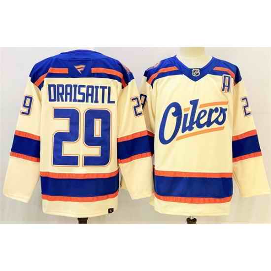 Men Edmonton Oilers 29 Leon Draisaitl Light Beige Alternate With A Patch Stitched Hockey Jersey