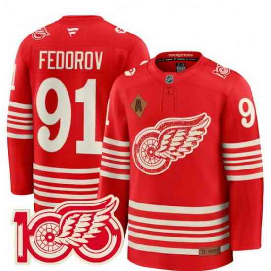 Men Detroit Red Wings 91 Sergei Fedorov Red 2025 Centennial Premium With 100 and P Patch And A Patch Stitched Hockey Jersey