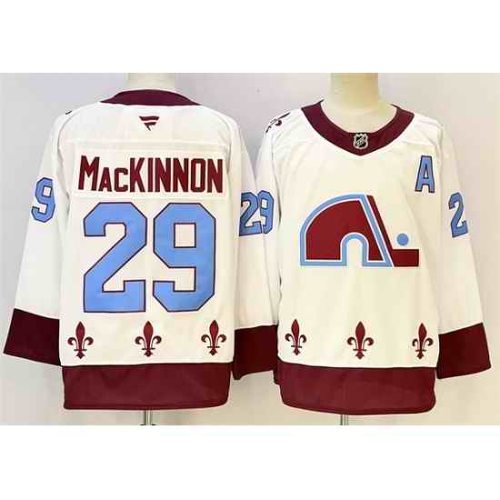 Men Colorado Avalanche 29 Nathan MacKinnon White 2024 25 With A Patch Stitched Jersey