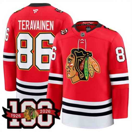 Men Chicago Blackhawks 86 Teuvo Teravainen Red 2025 Home 100th Anniversary Stitched Hockey Jersey