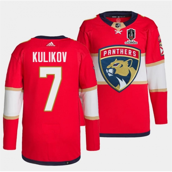 Men Florida Panthers 7 Dmitry Kulikov Red Home 2024 Stanley Cup Champions Stitched Jersey