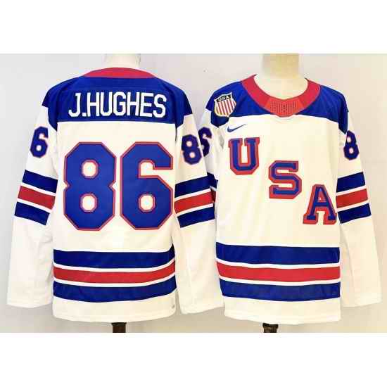 Men's USA #86 Jack Hughes White 2026 Stitched Hockey Olympic Jersey