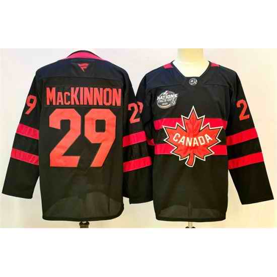 Men Canada 29 Nathan MacKinnon Black 2025 4 Nations Face Off Premium Stitched Jersey
