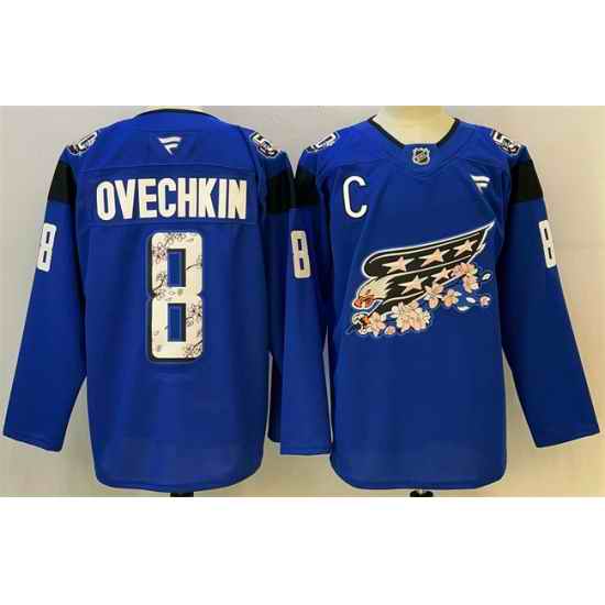 Men Washington Capitals 8 Alex Ovechkin Blue Cherry Blossom With C Patch Stitched Hockey Jersey