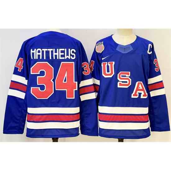 Men USA 34 Auston Matthews Royal 2025 2026 With C Patch Stitched Jersey