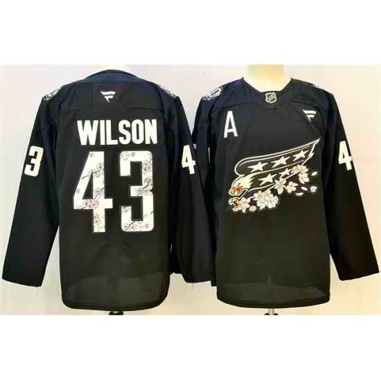 Men Washington Capitals 43 Tom Wilson Black Cherry Blossom With A Patch Stitched Hockey Jersey