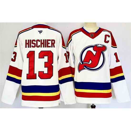 Men New Jersey Devils 13 Nico Hischier White 2024 25 With C Patch Stitched Hockey Jersey