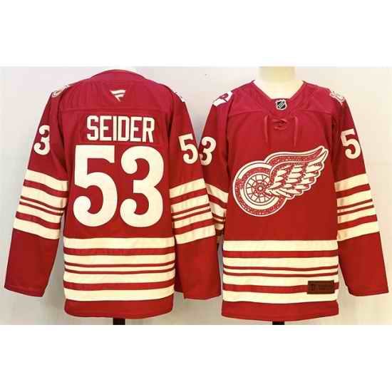 Men Detroit Red Wings 53 Moritz Seider Red 2025 26 Centennial Premium Stitched Hockey Jersey