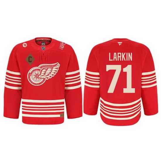 Men Detroit Red Wings 71 Dylan Larkin Red 2025 Centennial Premium With 100 and P Patch And C Patch Stitched Hockey Jersey