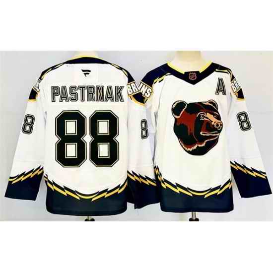 Men Boston Bruins 88 David Pastrnak White 2024 25 With A Patch Reverse Retro Home Stitched Hockey Jersey