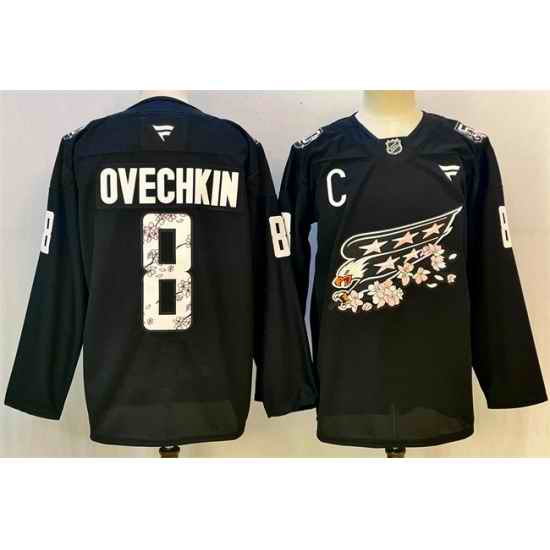 Men Washington Capitals 8 Alex Ovechkin Black Cherry Blossom With C Patch Stitched Hockey Jersey