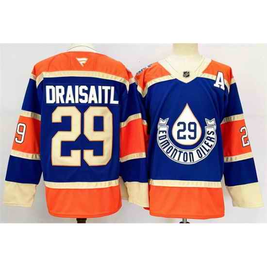 Men Edmonton Oilers 29 Leon Draisaitl Royal 2024 25 With A Patch Heritage Classic Primegreen Stitched Jersey
